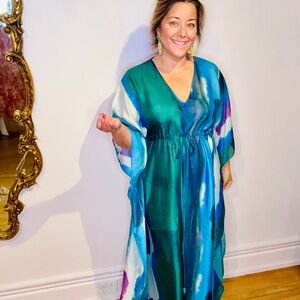 Mersur Vibrant Blue and Green aurora borealis watercolor Maxi Dress caftan NWT